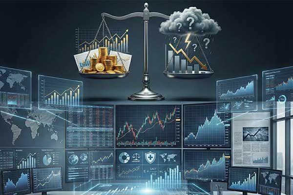 Visualizing financial risk: A balance scale weighing profit against market volatility, surrounded by global trading data and stock charts.