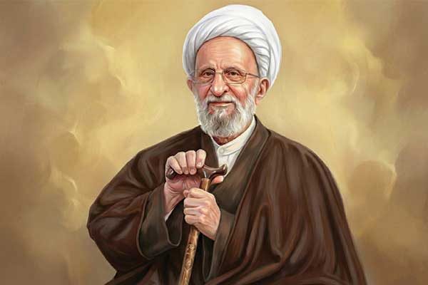 نقاشی دیجیتال و بازسازی شده آیت‌الله مصباح یزدی با هوش مصنوعی، با عبای قهوه‌ای تیره، عمامه سفید و عصای چوبی در سبکی معنوی و رئالیستی